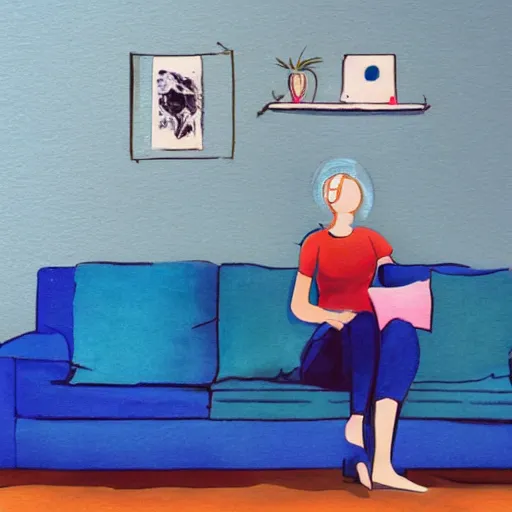 Prompt: slim australian woman with short attention span sitting on blue sofa. fantasy art.