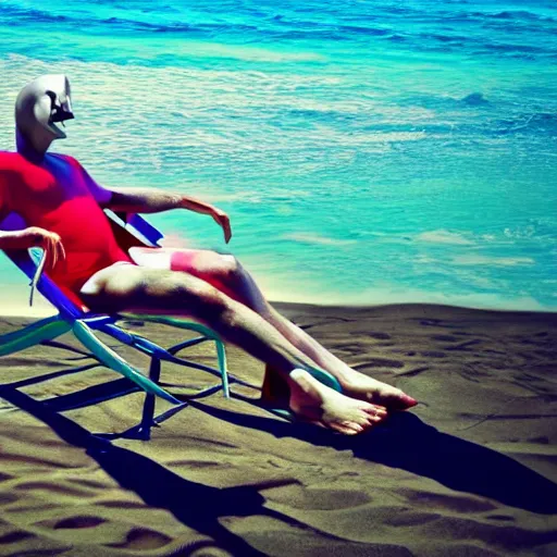 Image similar to nosferatu sunbathing on a beach chair, big smile on his face colorful photograph, beautiful sunny day