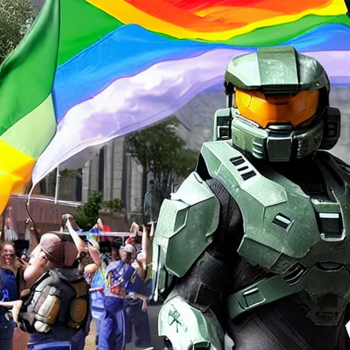 Prompt: Master Chief from Halo defending Earth from the LGBT+ Pride Parade invasion