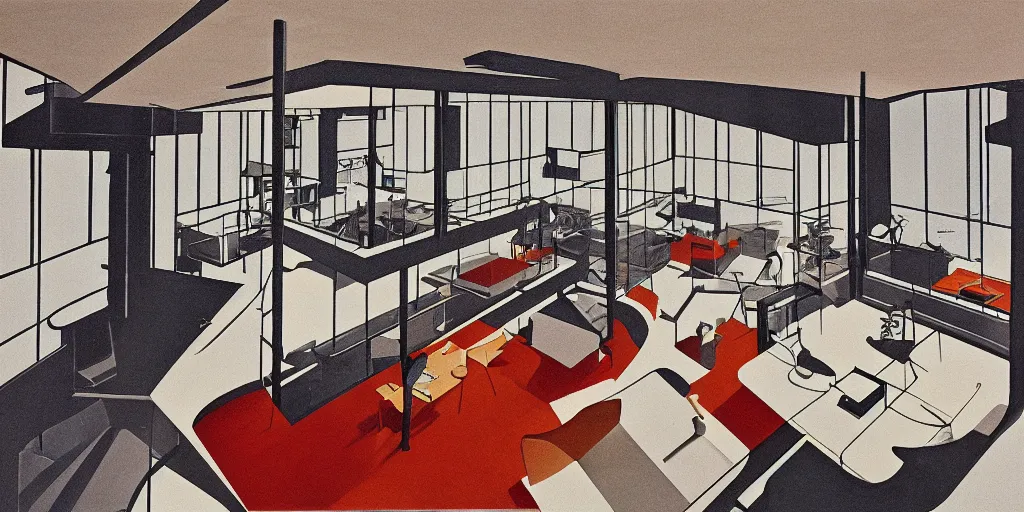 Image similar to modernist interior, seen from above, by René Laloux, line brush