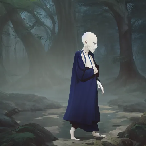 Image similar to concept art painting of an anthropomorphic humanoid albino raven wearing dark blue robes, in the deep forest, realistic, detailed, cel shaded, in the style of makoto shinkai and greg rutkowski and james gurney