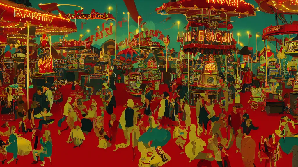 Prompt: Party at the fairground, in the style of David Lynch, by Wes Anderson, concept art, artstation