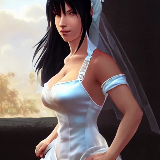 Prompt: tifa lockhart in a wedding dress, cg animation, riot entertainment, arcane, realistic, character select portrait, by artgerm, greg rutkowski, alphonse mucha, 3 d