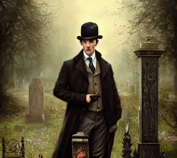 Prompt: sherlock holmes standing in a graveyard, soft colors, detailed, digital art, hd, by tom bagshaw, by fintan magee, by raymond swanland