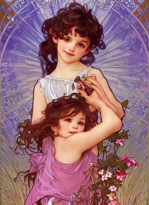 Prompt: a cute little girl with short curly brown hair with a happy expression wearing a summer dress dancing with fireflies, she is in the distance. beautiful fantasy art by by artgerm and alphonse mucha, trending on artstation.