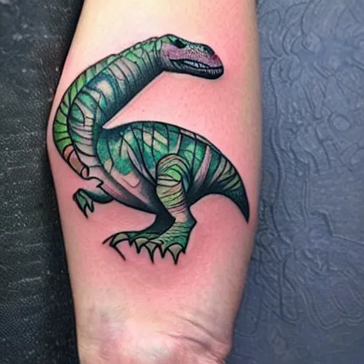 Image similar to beautiful gorgeous tattoo art of barney the dinosaur, extremely intricate, professional art, striking pose, amazing