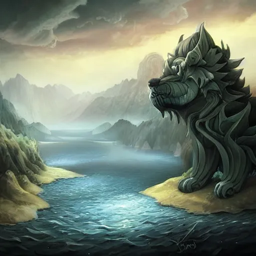 Image similar to a matte painting of a fenrir designed by heironymous bosch inspired by heironymous bosch, vast surreal by asher durand and cyril rolando and natalie shau and cyril rolando, insanely detailed, highly intricate, elegant, meaningful