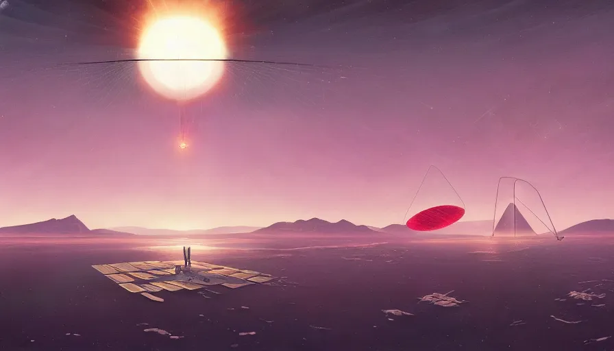 Prompt: giant solar sail floating in space and blocking the sun, planet earth in the foreground, simon stalenhag, art deco painting