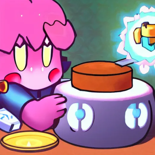 Image similar to kirby eating dinner with companion cube from the game portal, romantic, candlelight