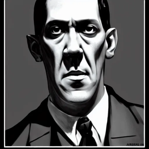 Prompt: h p lovecraft holding up an eye during an interview, artstation, detailed