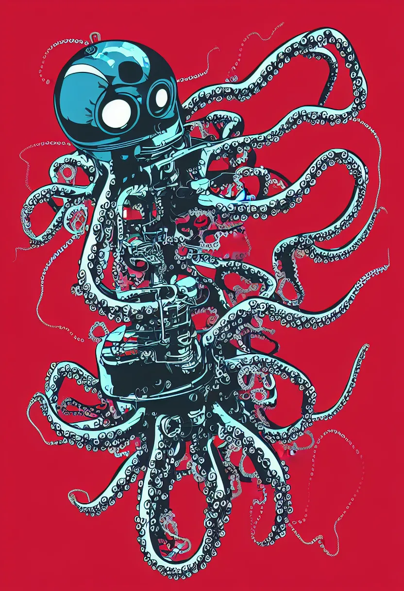 Image similar to concert poster for 'Grandpa Finger', dying robot octopus, vector art, 8k, highly detailed illustration