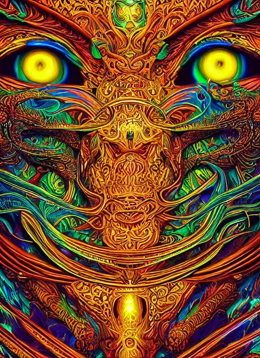 Prompt: a intricate ornate psychedelic image of a dinosaur with a glowing third eye, digital art by artgerm, alex grey, dan mumford, felix kelly, psychedelic art, psychedelic, fractalism, fractals, sacred geometry, trending on artstation, hyper - realism, highly detailed, cgsociety, octane render, raytracing, 3 d