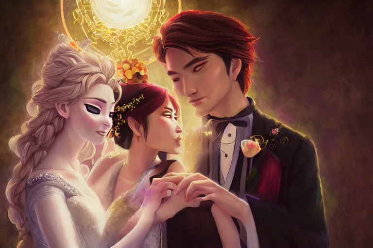 Image similar to a cinematic portrait of wedding photograph jpeg close up moment of a divine a japan sun god and moon goddess lovers magician at a wedding banquet. portraiture. digital painting. artstation. concept art. wedding photo. digital painting. frozen ii art masterpiece by art by krenz cushart