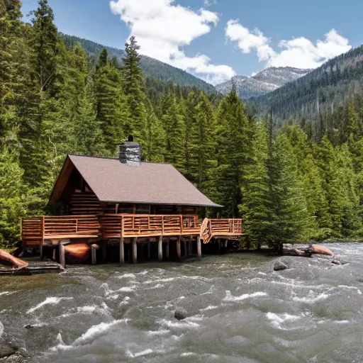 Prompt: DSLR still of a beautiful mountainside river with a pier and a log cabin at noon, 4k