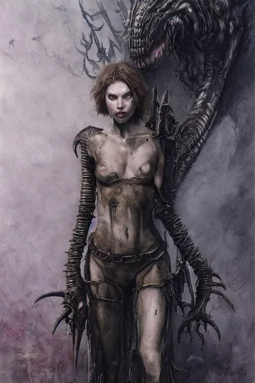 Image similar to portrait of hannah murray by hr giger, greg rutkowski, luis royo and wayne barlowe as a diablo, resident evil, dark souls, bloodborne monster