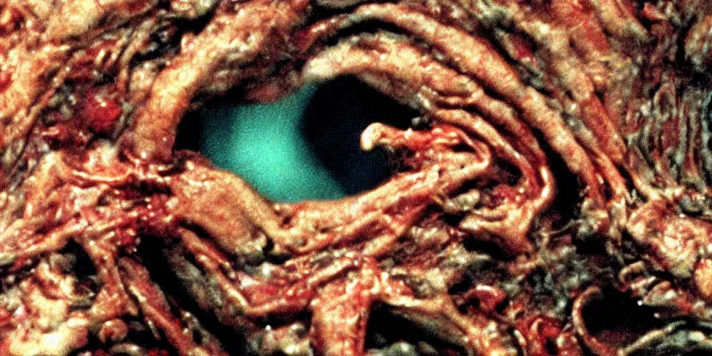 Prompt: filmic close up dutch angle movie still 35mm film color photograph of the snarling distorted deformed human face of a mutated abstract shape shifting organism made of human internal organs, disgusting dissected human tissue with a variety of grotesquely randomly strewn together animal limbs, in the style of a horror film The Thing 1982