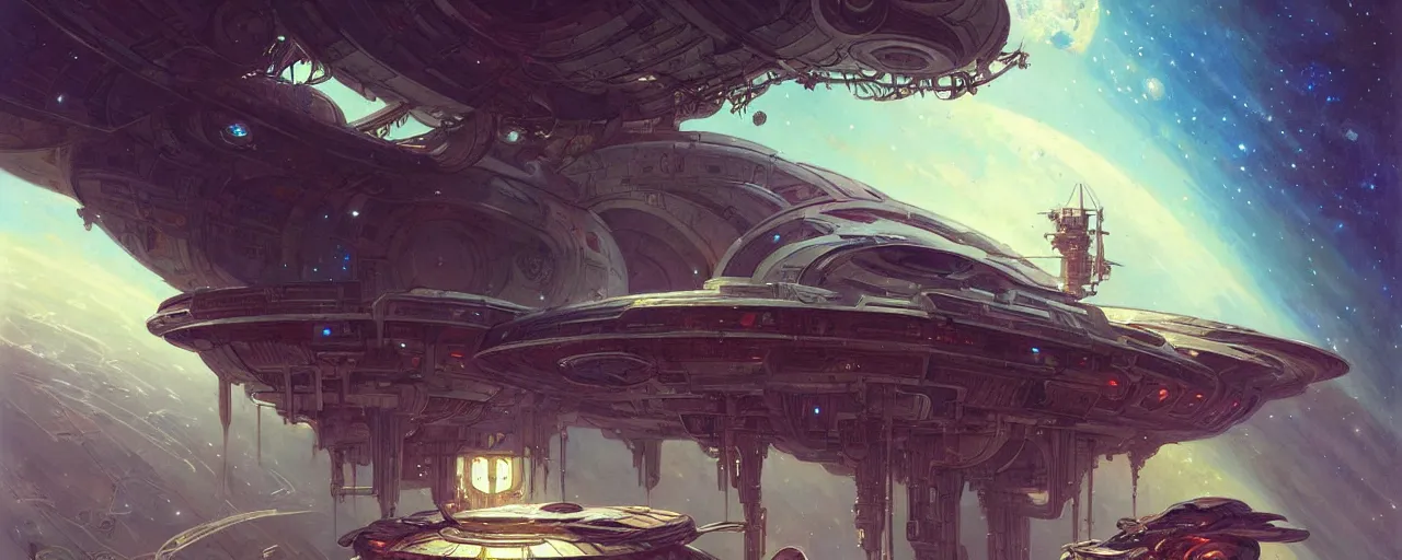 Image similar to a outside view of abandoned space station in the deep space, fantasy, intricate, elegant, highly detailed, digital painting, artstation, concept art, smooth, sharp focus, illustration, art by artgerm and greg rutkowski and alphonse mucha