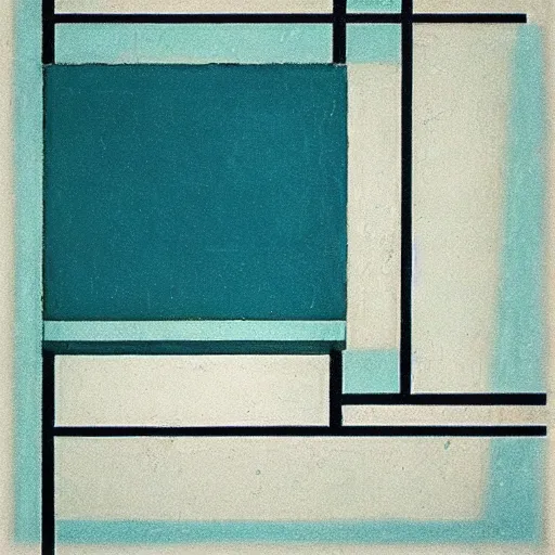 Image similar to art deco ‘dead space’, piet mondrian, teal palette