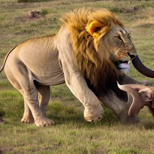 Image similar to a 4 k photo of a lion attacking an elephant on a hill