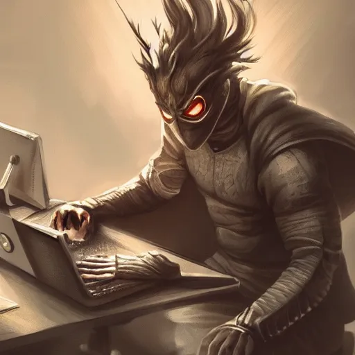 Image similar to an insanely detailed painting of a asian man wearing a homemade superhero costume and mask, sitting at a computer desk typing on the keyboard, in the style of peter mohrbacher, dramatic lighting and composition, trending on artstation, concept art, comic book, graphic novel, back view