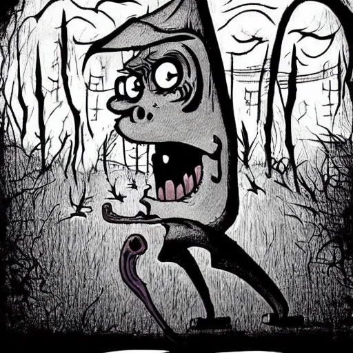 Prompt: return the slab from courage the cowardly dog, creepy, horror, scary, cartoon art, in the distance looking at camera, doom, ghost, dreadful,