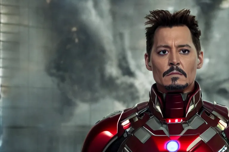 Image similar to film still of Johnny Depp as Tony Stark in new avengers movie, 4k