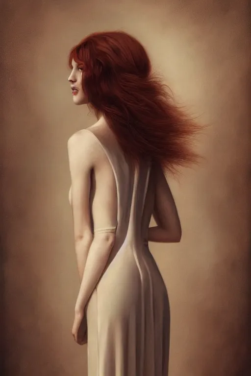 Prompt: ultra realist soft painting of a single beautiful female in a full long curvy slim dress, thin long auburn hair, symmetry accurate features, very intricate details, volumetric lighting, by Tom Bagshaw