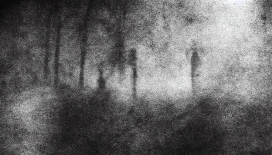 Image similar to dark abstract noisy blurry black and white disturbing old photograph full of mysterious black silhouettes, tim burton