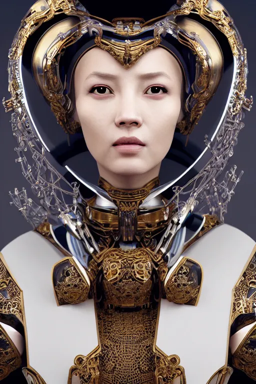 Prompt: a beautiful empress portrait, with a brilliant, impossible striking big cybernetic headpiece, cybernetic clothes, symmetrical, dramatic studio lighting, rococo, baroque, asian, hyperrealism, closeup, D&D, fantasy, intricate, elegant, highly detailed, digital painting, artstation, octane render, 8k, concept art, matte, sharp focus, illustration, art by Artgerm and Greg Rutkowski and Alphonse Mucha