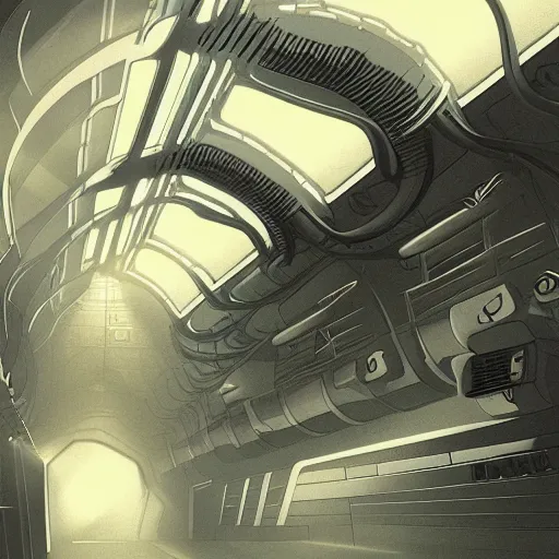 Prompt: a xenomorph crawling in a spaceship corridor, dark light, highly detailed digital art