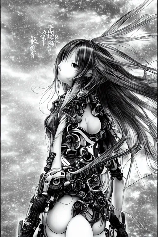 Image similar to a vertical portrait of a character in a scenic environment by Yoshitaka Amano, black and white, dreamy, cybernetic suit, wavy long black hair, highly detailed