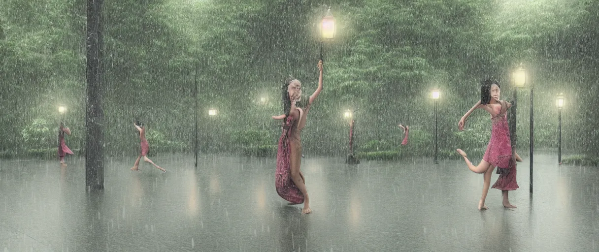 Image similar to raining at night pole lights woman dance group meditation emotion on javanese style garden, octane render, trees, evergreen, patio, garden, wet atmosphere, tender, soft light misty yoshitaka amano, and artgerm