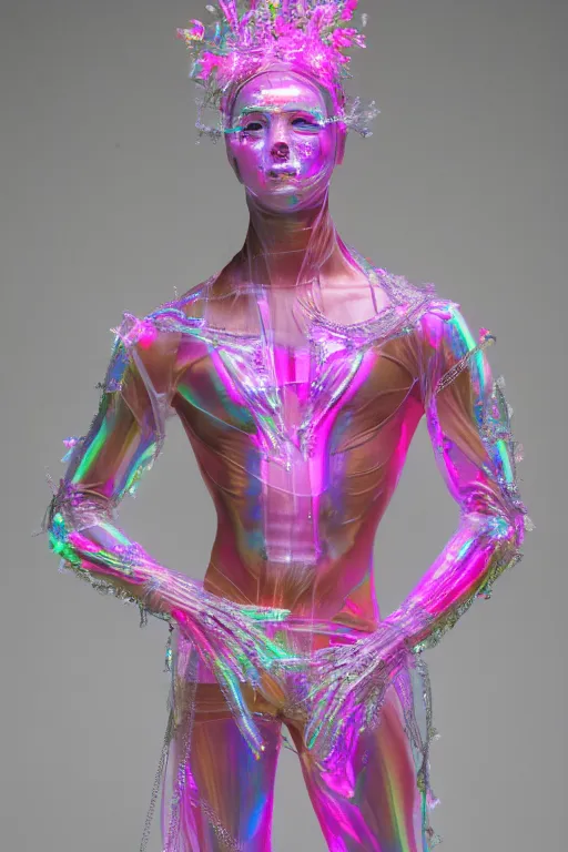 Prompt: full-body rococo and cyberpunk delicate neon crystalline sculpture of (((muscular slender Nick Jonas))) as an iridescent humanoid deity wearing a thin see-through ((plastic hooded cloak)) sim roupa, reclining con (las piernas abiertas), glowing pink face, crown of (((white lasers))), large diamonds, swirling black silk fabric. futuristic elements. oozing glowing liquid, full-length view. space robots. (((human skulls))). throne made of bones, intricate artwork by caravaggio. Trending on artstation, octane render, cinematic lighting from the right, hyper realism, octane render, 8k, depth of field, 3D