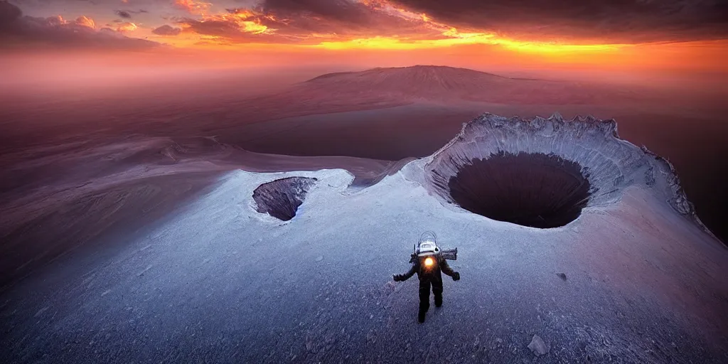 Image similar to amazing landscape photo of astronaut!!! standing on the volcano crater at sunrise by Charlie Waite and Marc Adamus beautiful dramatic lighting, surrealism