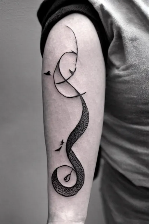 Image similar to a simple tattoo design of birds flying in a 8 spiral, black ink, logo