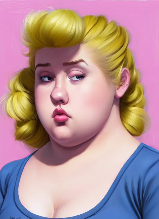 Image similar to full body teenage betty cooper, blonde hair, obese, bangs, ponytail, sultry, realistic, sultry smirk, ponytail, fluffy bangs, curly bangs, fat, belly, beautiful girl, intricate, elegant, highly detailed, digital painting, artstation, concept art, smooth, sharp focus, illustration, art by wlop, mars ravelo and greg rutkowski