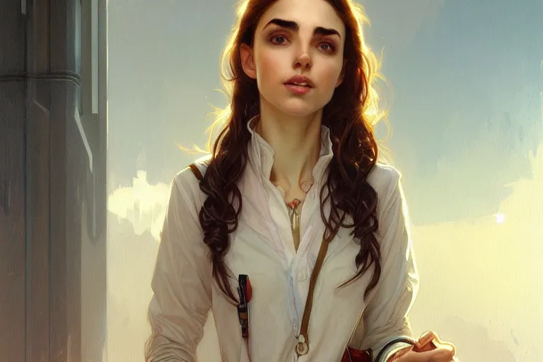 Image similar to Anxious pretty pale young arabian doctor wearing jeans at the airport, portrait, elegant, intricate, digital painting, artstation, concept art, smooth, sharp focus, illustration, art by artgerm and greg rutkowski and alphonse mucha