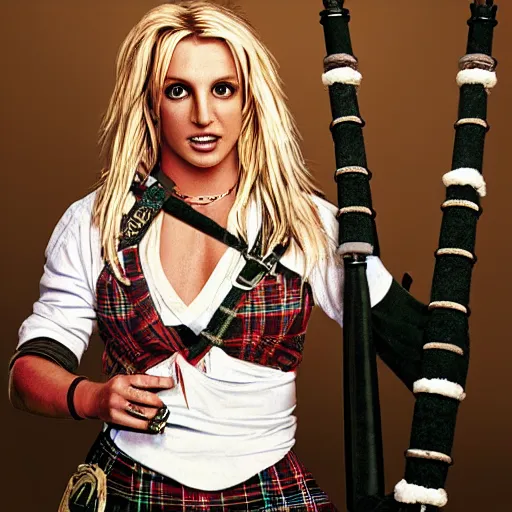 Image similar to epic realistic portrait of britney spears in scottish clothes and bagpipe, hd, 4 k, 8 k, detailed,