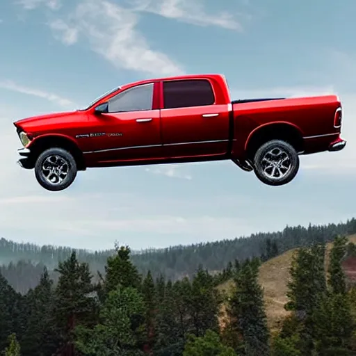 Prompt: photograph of a new dodge ram flying in the sky