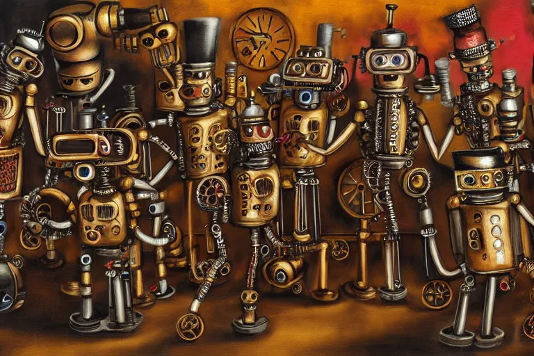 Image similar to steampunk robots dancing by otto dix, 4 k