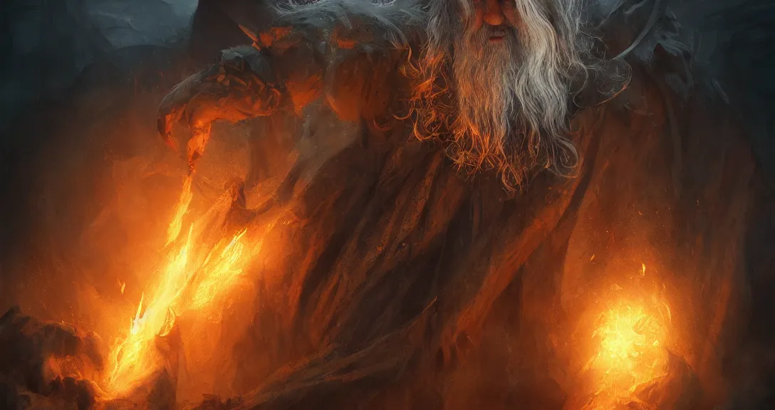 Image similar to gandalf the grey as a balrog, lava, fire, flaming sword, intricate, detailed, volumetric lighting, scenery, digital painting, highly detailed, artstation, sharp focus, illustration, concept art, ruan jia, steve mccurry