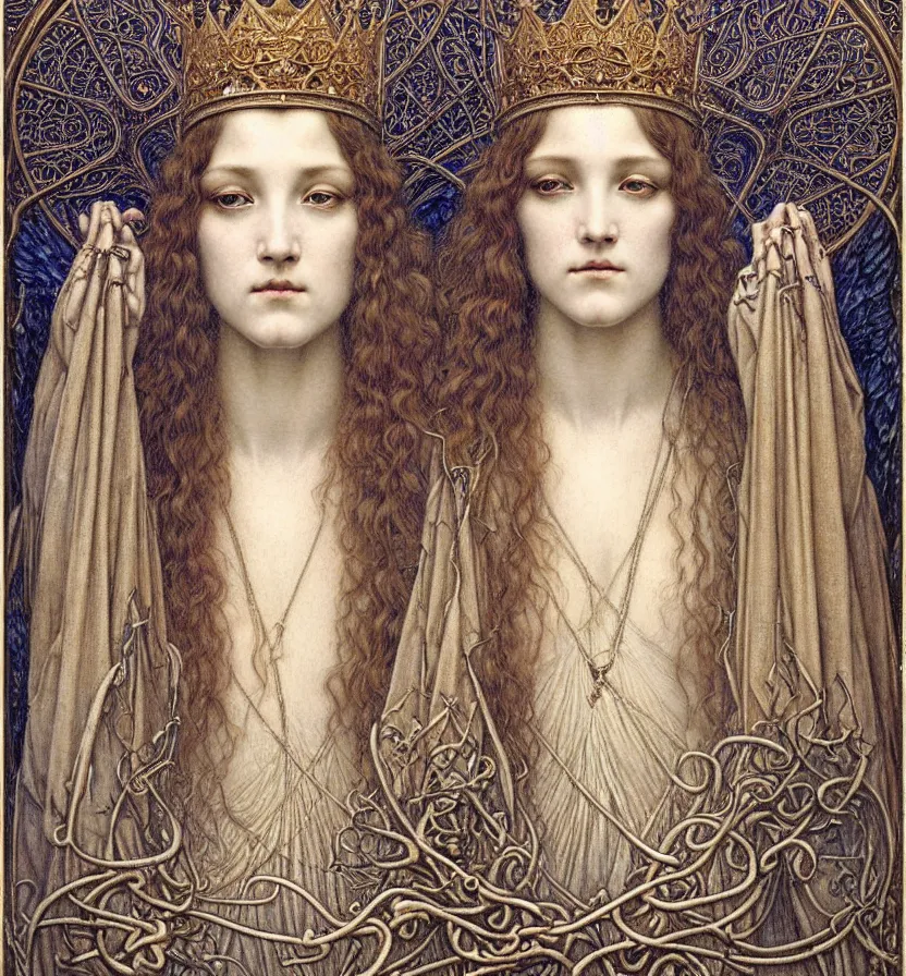 Image similar to detailed realistic beautiful young medieval queen face portrait by jean delville, gustave dore and marco mazzoni, art nouveau, symbolist, visionary, gothic, pre - raphaelite. horizontal symmetry