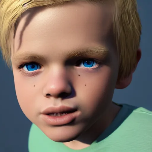 Image similar to a detailed portrait of boy with blonde hair and blue eyes, unreal engine 5 rendered, incredibly highly detailed and realistic, 8 k, sharp focus, studio quality