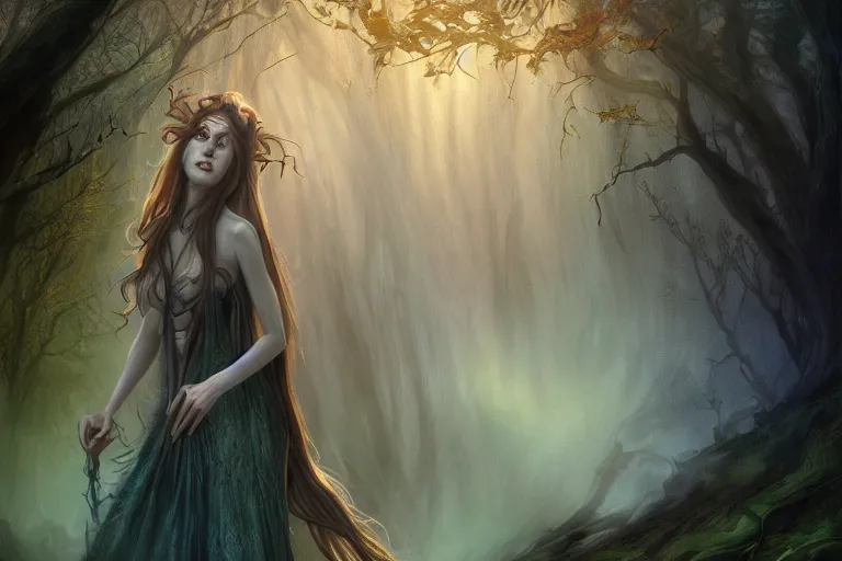 Prompt: cinematic painting, portrait of a dryad inspired by brian froud inspired by dungeons and dragons, fey, mysterious, sacred musician druid, she's emerging from shadow, face partially hidden by a hooded cloak, ice blue eyes, autumn forest, trending on art station, hard focus, cinematic sunset evening lighting, ominous shadows by jessica rossier