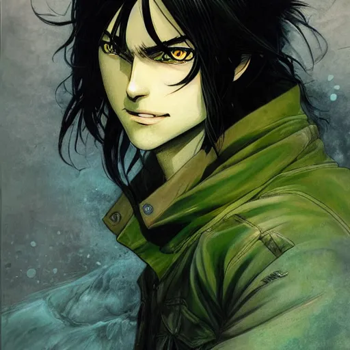 Image similar to prompt : eren yeager portrait, long hair, green eyes, soft light painted by james jean and katsuhiro otomo and erik jones, inspired by akira anime, smooth face feature, intricate oil painting, high detail illustration, sharp high detail, manga and anime 1 9 9 9