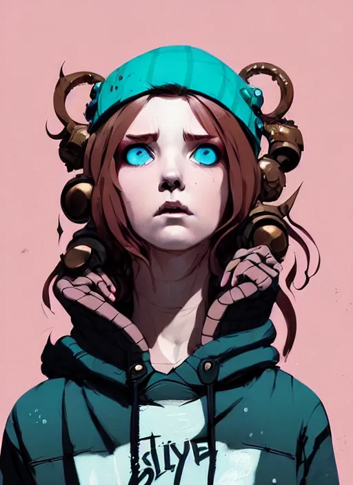 Image similar to highly detailed portrait of a sewer punk lady, blue eyes, tartan hoody, ringlet hair by atey ghailan, by greg rutkowski, by greg tocchini, by james gilleard, by joe fenton, by kaethe butcher, gradient pink, brown, light blue and white color scheme, grunge aesthetic!!! ( ( graffiti tag wall background ) )