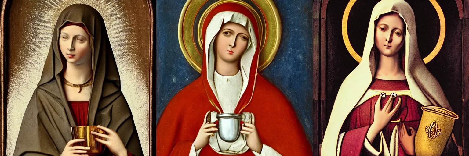 Prompt: Mother Mary holding a chalice filled with white goo