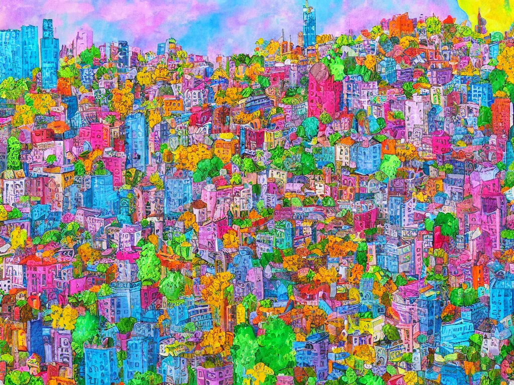 Image similar to city in bloom, colorful detailed painting, lots of details, 4k