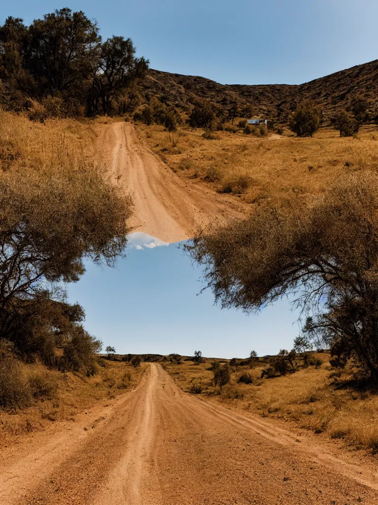 Prompt: a dirt road through a gentle hill landscape, medium shot camera angle, dry grass