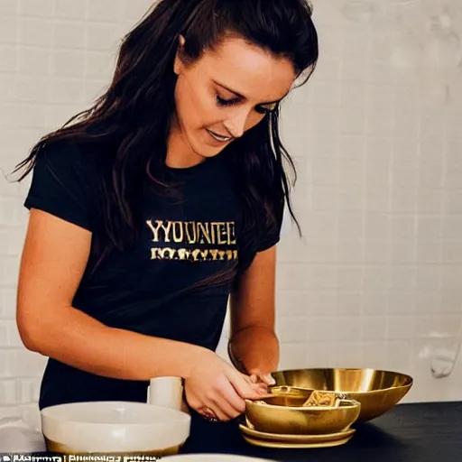 Image similar to a candid photo of a brunette female, young, athletic, australian, wearing a gold tshirt in a kitchen